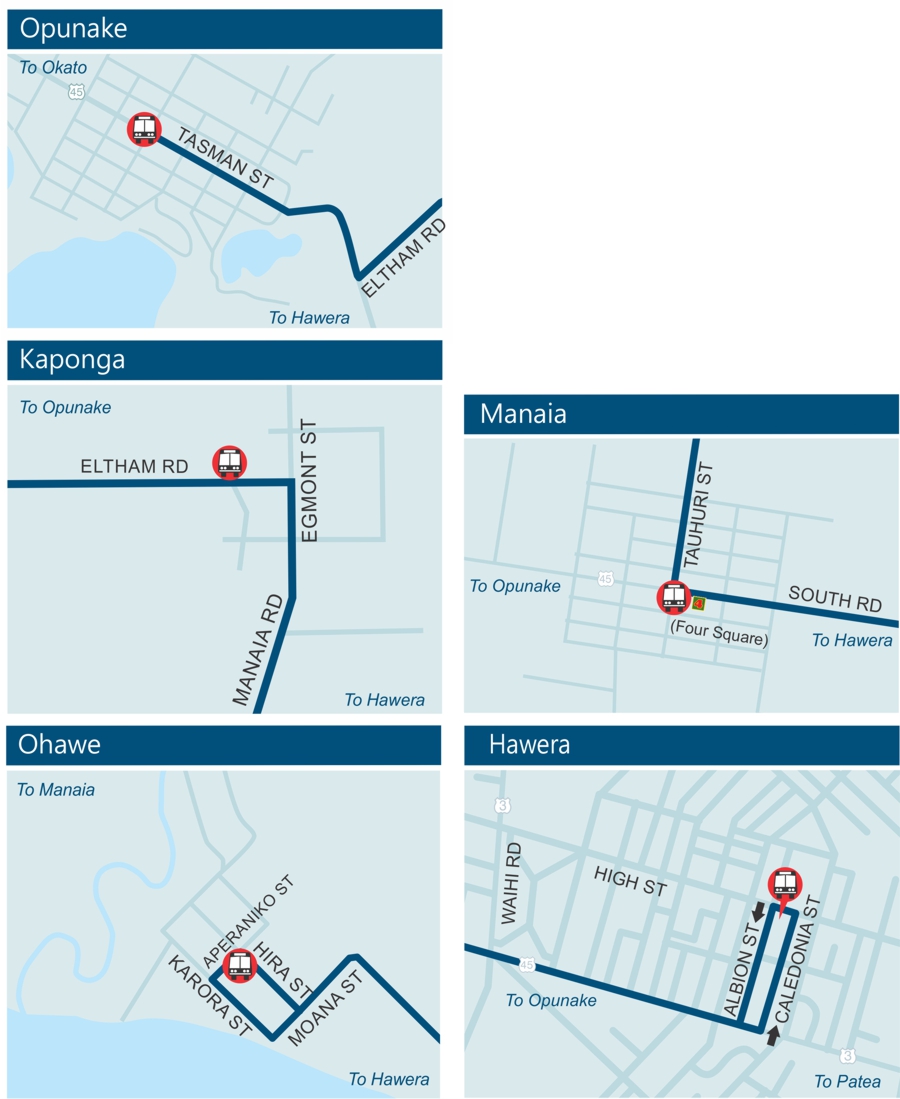 Opunake-Kaponga-Manaia-Ohawe-Hāwera route map (urban areas)