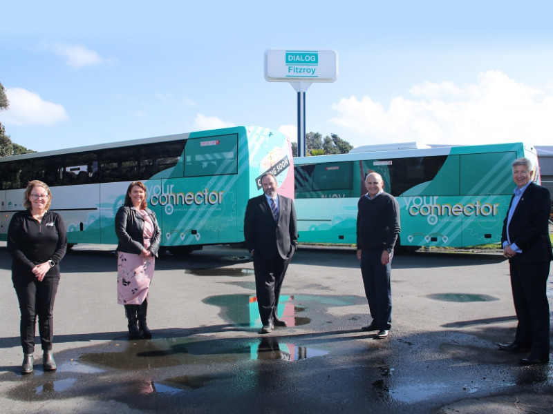 Pictured at Dialog Fitzroy with the new buses are (from left): Tracey Jury (Pickering Motors), Sarah Hiestand (TRC Transport Engagement Manager), Councillor Matthew McDonald (Regional Transport Committee Chairman), Shane Coleman (Dialog Fitzroy General Ma YourConnector group 896px
