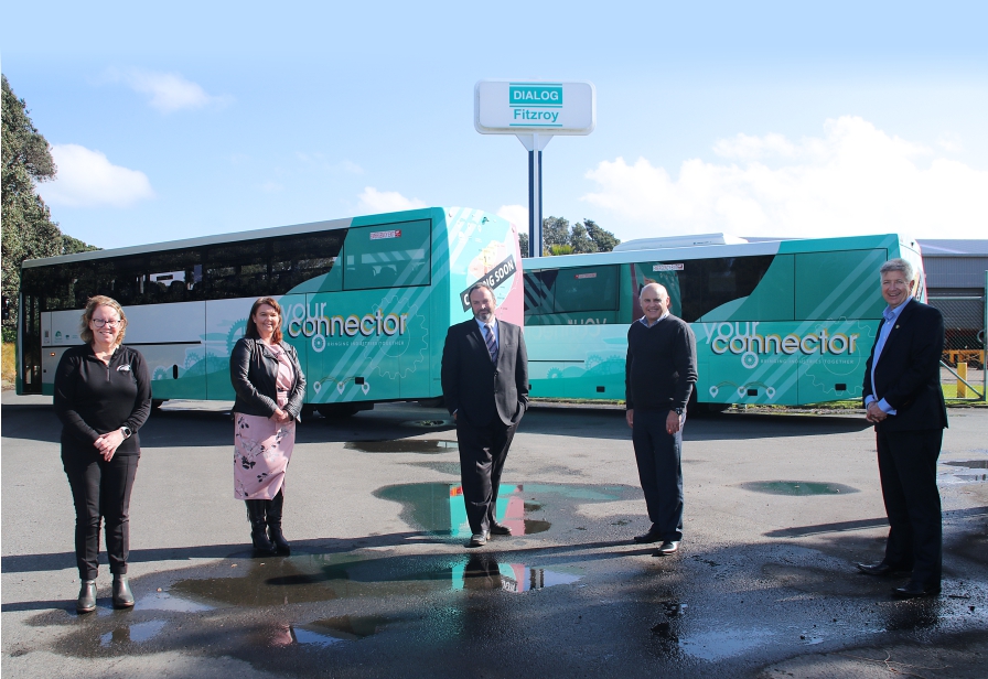 Pictured at Dialog Fitzroy with the new buses are (from left): Tracey Jury (Pickering Motors), Sarah Hiestand (TRC Transport Engagement Manager), Councillor Matthew McDonald (Regional Transport Committee Chairman), Shane Coleman (Dialog Fitzroy General Ma YourConnector group 896px