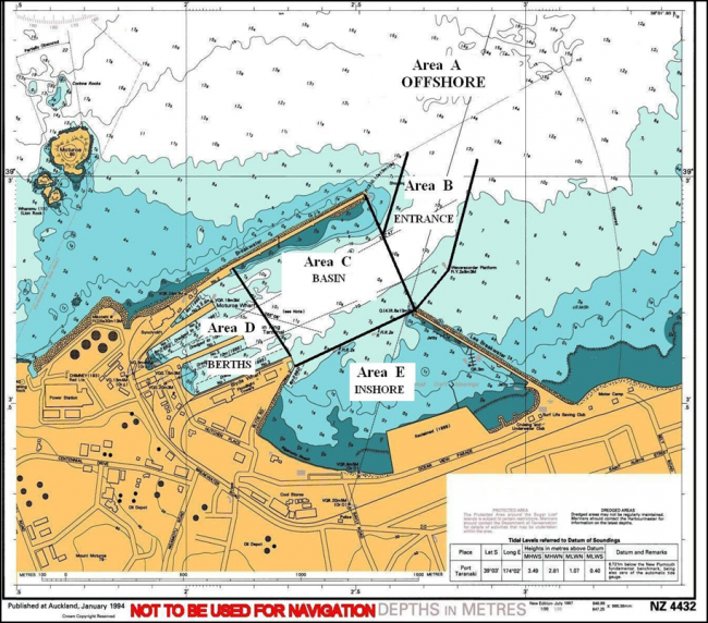 Map shows Port Taranaki & its approaches - Areas A to E. 