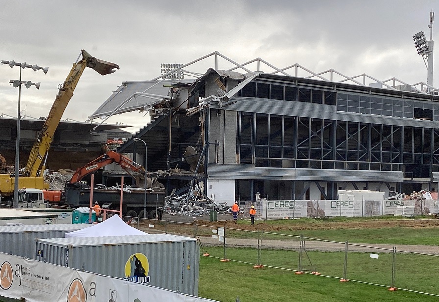 Yarrow Stadium east stand demolition July 2021