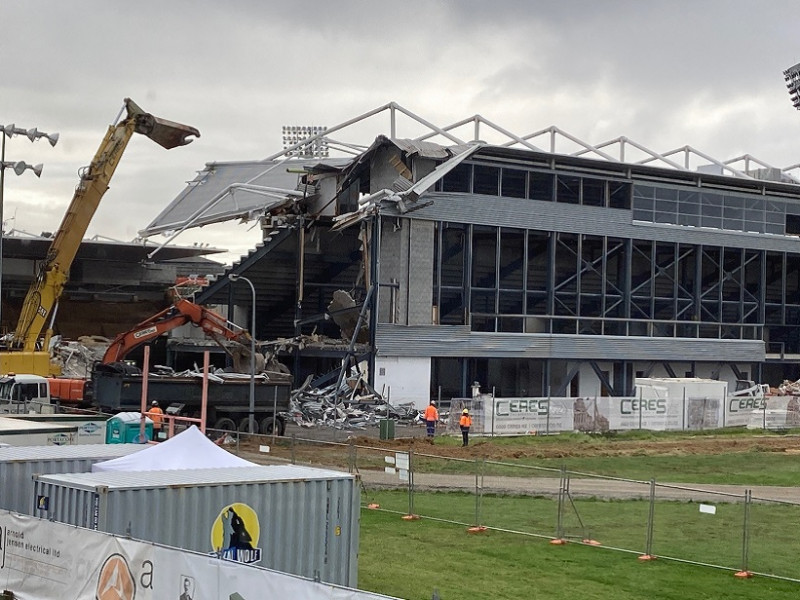 Yarrow Stadium east stand demolition July 2021
