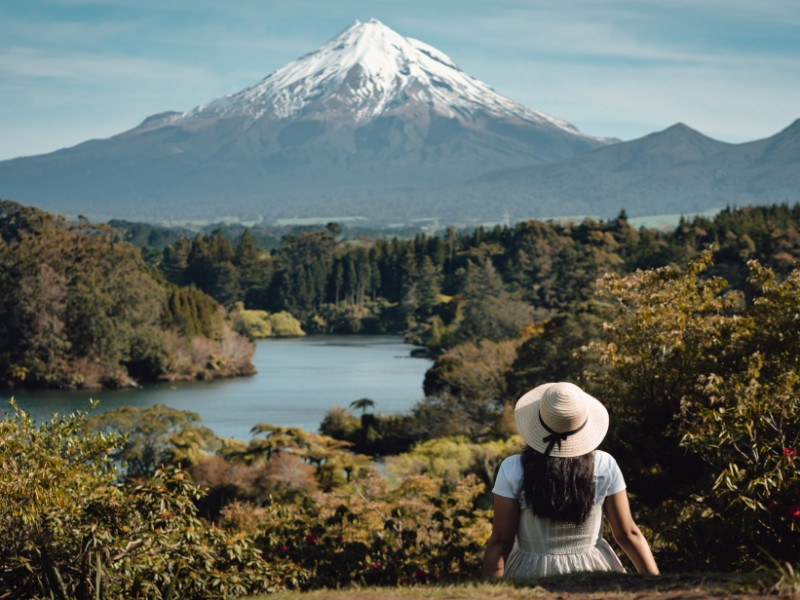 Mt Taranaki from Lake Mangamahoe with tourist in foreground 123rf web