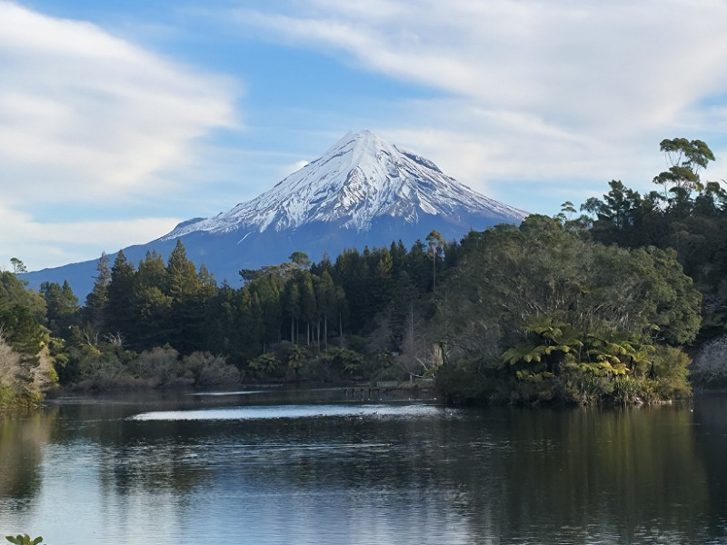 August 2025 Climate Summary Website photo   Taranaki Maunga from Lake Mangamahoe   2025 08 27