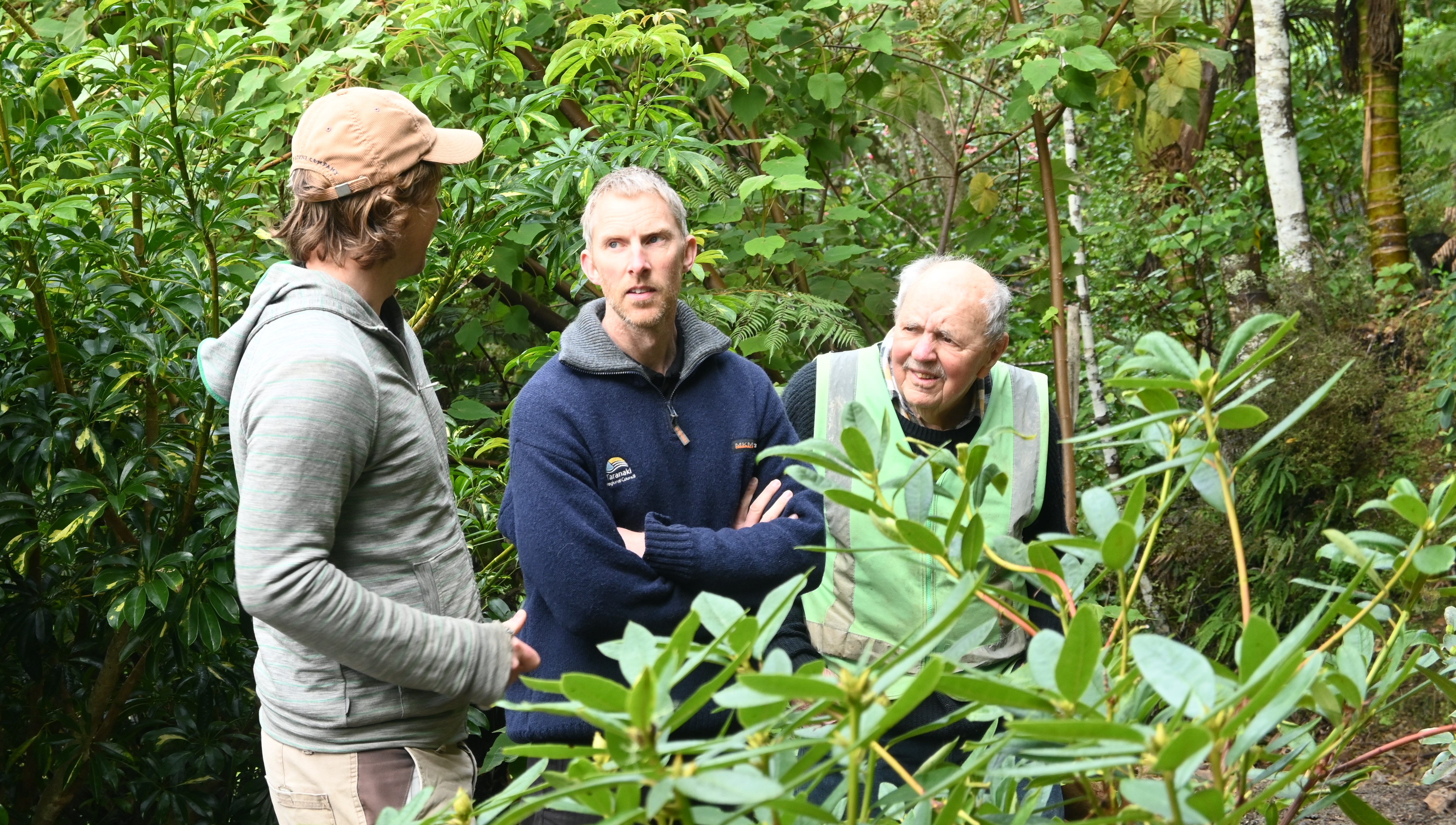 10   Scott discussing rhodos with Thomas Nance and Albert Blumhardt, Whangarei Quarry Garden
