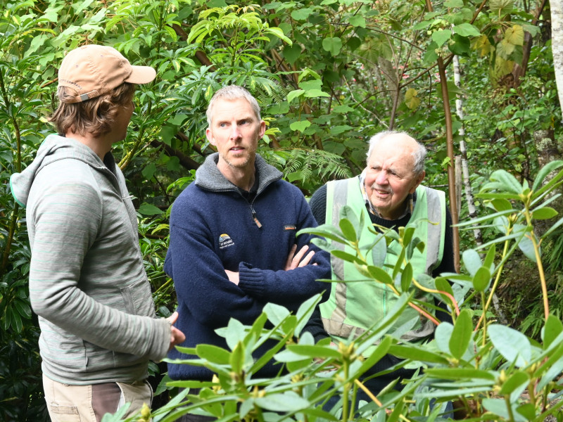 10   Scott discussing rhodos with Thomas Nance and Albert Blumhardt, Whangarei Quarry Garden